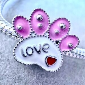 Pink and White Love Paw Print Charm fits PANDORA